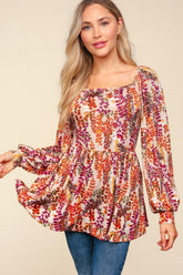 Peplum Floral Square Neck Blouse Haptics Taupe/Rust S